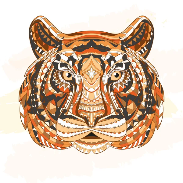 Detallada cabeza modelada del tigre. Tótem indio africano Diseño azteca tribal étnico. En el fondo grunge. Se puede utilizar para una camiseta, bolso, postal, póster y así . — Archivo Imágenes Vectoriales