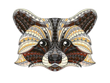 Detaylı elle çizilmiş doodle anahat Rakun illüstrasyon. Dekoratif zentangle tarzı. Ateşli grunge özgeçmişlerine desenli. Tasarım bir t-shirt, çanta, kartpostal, poster ve böylece için kullanılabilir.