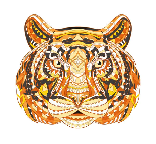 Detailed Patterned head of the tiger. African indian totem Ethnic tribal aztec design. On the grunge background. It may be used for a t-shirt, bag, postcard, poster and so. — Stock Vector