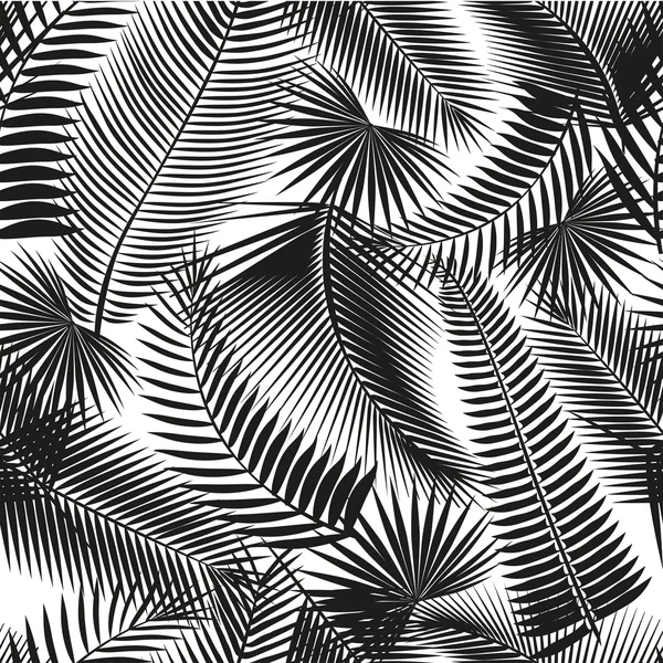 Hermoso fondo de patrón floral de selva tropical inconsútil negro con hojas de palma — Vector de stock