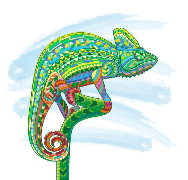 Desenhado à mão colorido doodle esboço camaleão ilustração. Decorativo em estilo zentangle. Incêndio modelado no fundo do grunge. Pode ser usado para projetar uma t-shirt, saco, cartão postal, cartaz e assim  . — Vetor de Stock