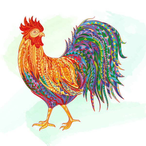 Hand drawn doodle outline rooster illustration. Decorative in zentangle style. Patterned fiery on the grunge background. Symbol of chinese new year 2017. It may be used for design a t-shirt, bag