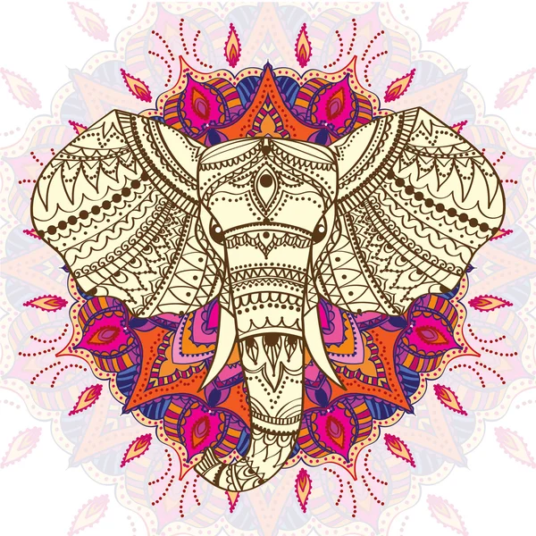 Saludo Hermosa tarjeta con cabeza de elefante estampada étnica. Ilustración vectorial. Uso para impresión, carteles, camisetas o cualquier otro tipo de diseño  . — Vector de stock