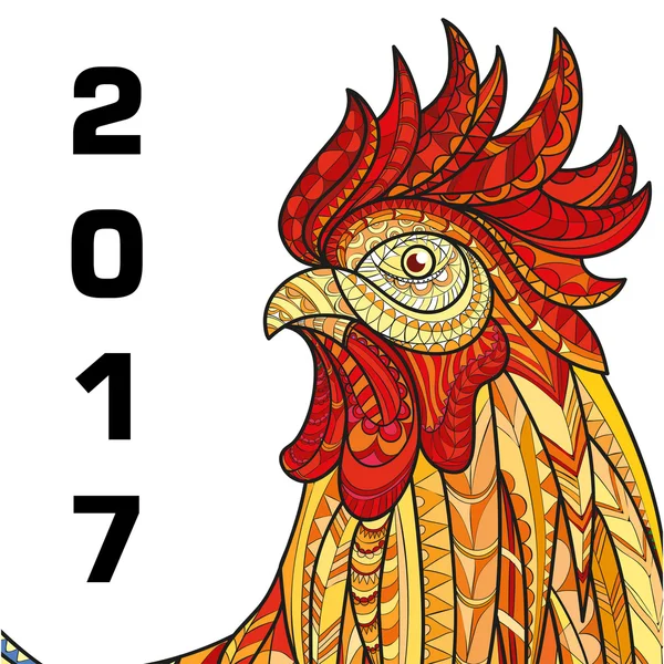 손으로 그린 낙서 개요 닭 그림입니다. 불타는 흰색 바탕에 꽃무늬. 중국 새 해 2017의 상징. — 스톡 벡터