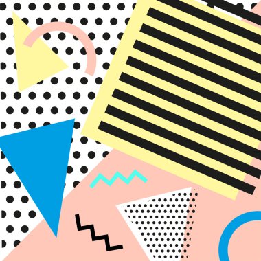 Retro vintage 80s veya 90'lı yılların moda stil. Memphis kartları. Trendy geometrik öğeleri. Modern soyut tasarım poster, kapak, kart. İyi web sitesi ve kağıt ambalaj tekstil kumaş için duvar kağıtları. Vektör.