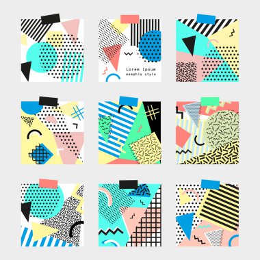 Retro vintage 80s veya 90'lı yılların moda stil. Memphis kartları. Büyük kümesi. Trendy geometrik öğeleri. Modern soyut tasarım poster, kapak, kart. Tekstil kumaş, kağıt ve Web sitesi duvar kağıtları kaydırma için iyi
