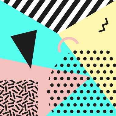 Retro vintage 80s veya 90'lı yılların moda stil. Memphis kartları. Trendy geometrik öğeleri. Modern soyut tasarım poster, kapak, kart. İyi web sitesi ve kağıt ambalaj tekstil kumaş için duvar kağıtları. Vektör.