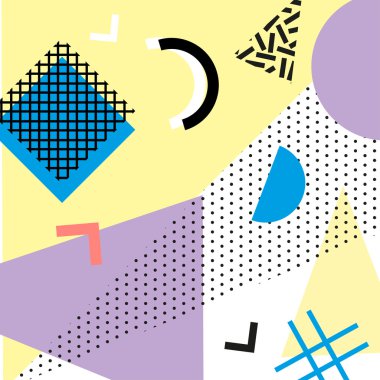 Retro vintage 80s veya 90'lı yılların moda stil. Memphis kartları. Trendy geometrik öğeleri. Modern soyut tasarım poster, kapak, kart. İyi web sitesi ve kağıt ambalaj tekstil kumaş için duvar kağıtları. Vektör.