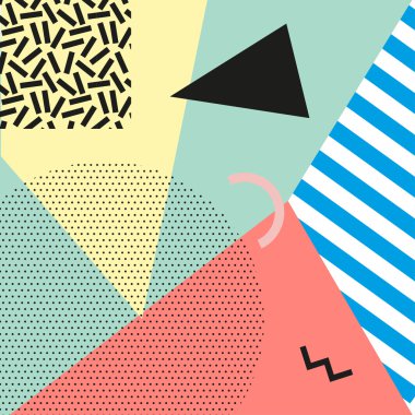 Retro vintage 80s veya 90'lı yılların moda stil. Memphis kartları. Trendy geometrik öğeleri. Modern soyut tasarım poster, kapak, kart. İyi web sitesi ve kağıt ambalaj tekstil kumaş için duvar kağıtları. Vektör.