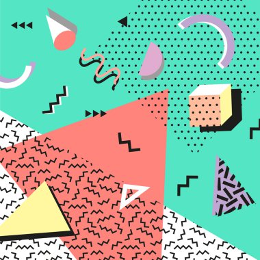 Retro vintage 80s veya 90'lı yılların moda stil. Memphis kartları. Trendy geometrik öğeleri. Modern soyut tasarım poster, kapak, kart. İyi web sitesi ve kağıt ambalaj tekstil kumaş için duvar kağıtları. Vektör.