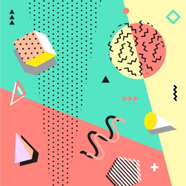 Retro vintage 80s veya 90'lı yılların moda stil. Memphis kartları. Trendy geometrik öğeleri. Modern soyut tasarım poster, kapak, kart. İyi web sitesi ve kağıt ambalaj tekstil kumaş için duvar kağıtları. Vektör.