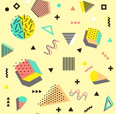 Retro vintage 80s veya 90'lı yılların moda stil. Memphis seamless modeli. Trendy geometrik öğeleri. Modern soyut tasarım. Tekstil kumaş için iyi. Vektör.