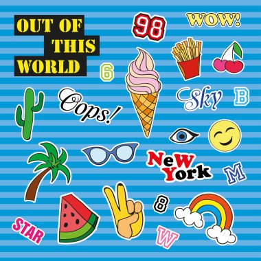 Moda yama rozetleri farklı unsurları ile. Çıkartmalar, iğne, yamalar ve karikatür 80s 90s çizgi roman tarzı koleksiyonunda el yazısıyla aldığınız notları ayarlayın. Eğilim. Vektör illüstrasyon izole.