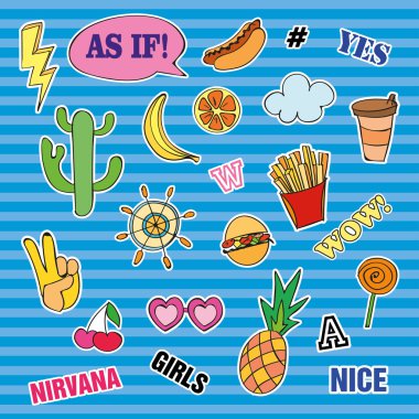 Moda yama rozetleri farklı unsurları ile. Çıkartmalar, iğne, yamalar ve karikatür 80s 90s çizgi roman tarzı koleksiyonunda el yazısıyla aldığınız notları ayarlayın. Eğilim. Vektör illüstrasyon izole.