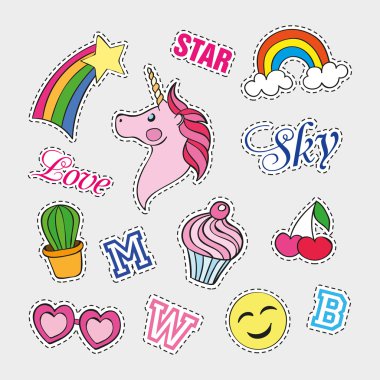 Fashion patch badges with different elements. Set of stickers, pins, patches and handwritten notes collection in cartoon 80s-90s comic style. Trend. Vector illustration isolated. clipart