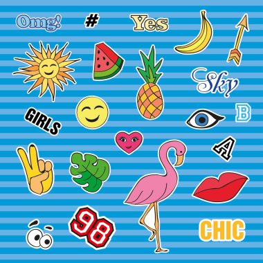 Moda yama rozetleri farklı unsurları ile. Çıkartmalar, iğne, yamalar ve karikatür 80s 90s çizgi roman tarzı koleksiyonunda el yazısıyla aldığınız notları ayarlayın. Eğilim. Vektör illüstrasyon izole.