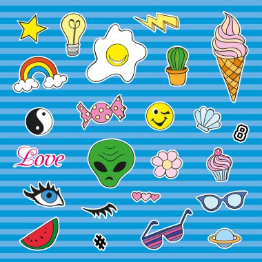 Moda yama rozetleri farklı unsurları ile. Çıkartmalar, iğne, yamalar ve karikatür 80s 90s çizgi roman tarzı koleksiyonunda el yazısıyla aldığınız notları ayarlayın. Eğilim. Vektör illüstrasyon izole.