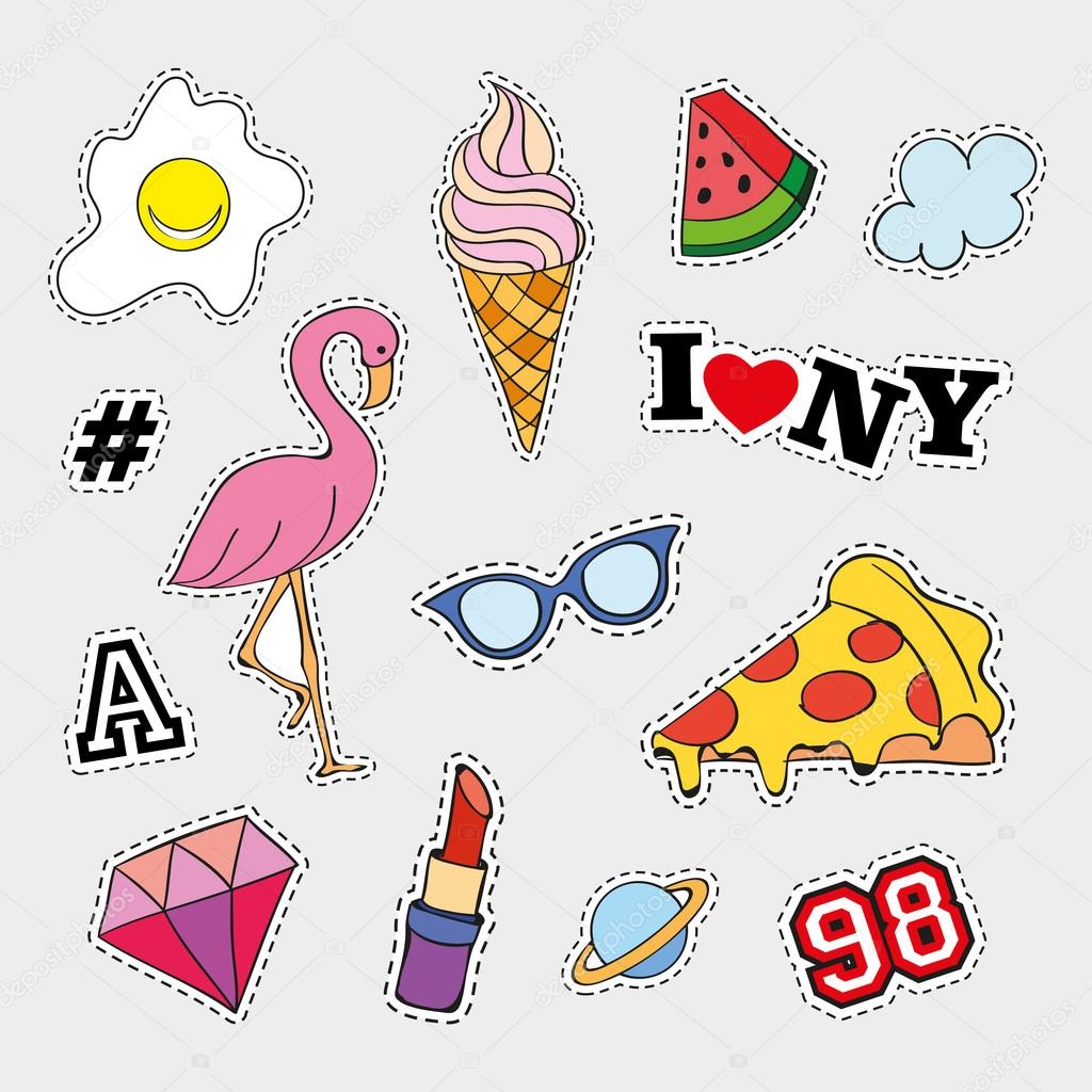 Fashion patch badges with different elements. Set of stickers, pins, patches and handwritten notes collection in cartoon 80s-90s comic style. Trend. Vector illustration isolated.