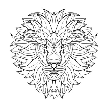Detaylı aslan Aztek tarzı. İzole arka plan desenli kafasına. Afrika Hint totem dövme tasarım. Vektör çizim.