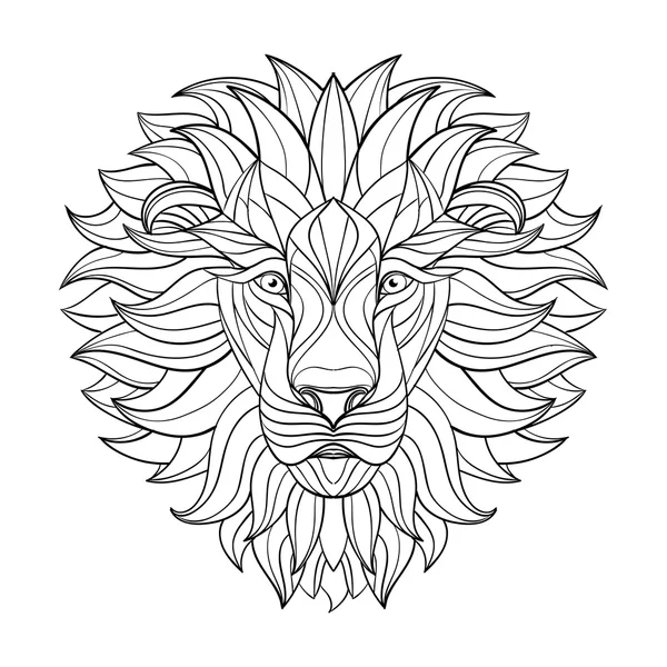 Leão detalhado em estilo azteca. Cabeça modelada em fundo isolado. Projeto de tatuagem totem indiano africano. Ilustração vetorial . — Vetor de Stock