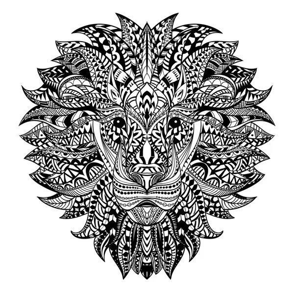 Szczegółowe Lion w aztec stylu. Wzorzyste głowy na na białym tle. Afryki Indyjski totem projekt tatuażu. Ilustracja wektorowa. — Wektor stockowy