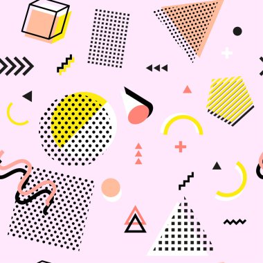 Retro vintage 80s veya 90'lı yılların moda stil. Memphis seamless modeli. Trendy geometrik öğeleri. Modern soyut tasarım. Tekstil kumaş için iyi. Vektör.