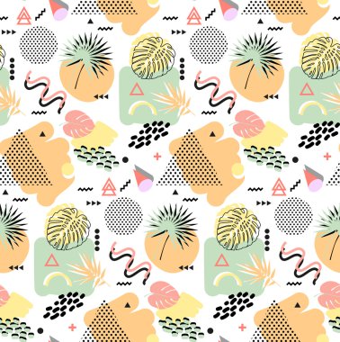 Retro vintage 80s veya 90'lı yılların moda stil. Memphis seamless modeli. Trendy geometrik öğeleri. Modern soyut tasarım. Tekstil kumaş için iyi. Vektör.