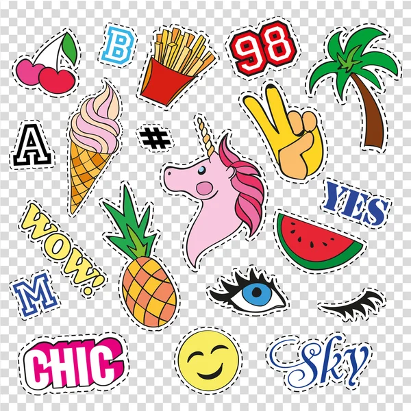 Şeffaf arka planda farklı öğelere sahip moda yama rozetleri. Karikatür 80s-90s komik tarzı çıkartmalar, iğneler, yamalar ve el yazısı notlar toplama kümesi. Eğilim. Vektör çizimi