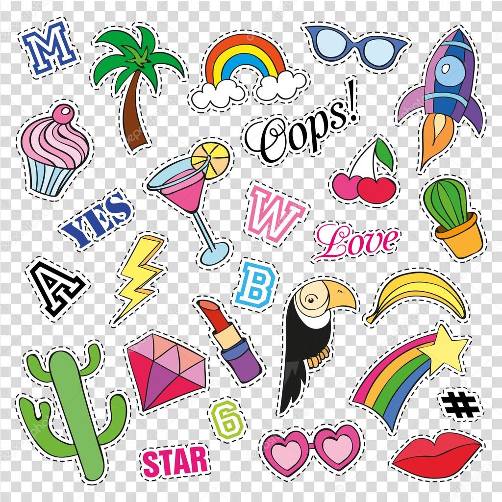Fashion patch badges with different elements on transparent background. Set of stickers, pins, patches and handwritten notes collection in cartoon 80s-90s comic style. Trend. Vector illustration
