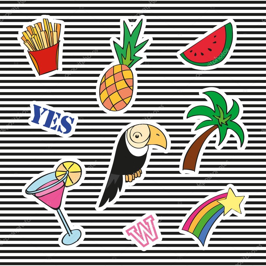 Fashion patch badges with different elements. Set of stickers, pins, patches and handwritten notes collection in cartoon 80s-90s comic style. Trend. Vector illustration isolated.