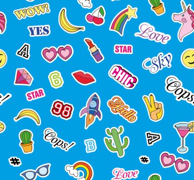 Moda yamalar ile Seamless modeli. çıkartmalar, iğne ve el yazısı notlar koleksiyonunda 80s 90s çizgi roman tarzı çizgi film. Eğilim. Vektör çizim.