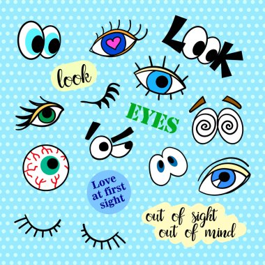 Fashion patch badges. Eyes set. Pop Art. Stickers, pins, patches and handwritten notes collection in cartoon 80s-90s comic style. Trend. Vector illustration isolated. clipart