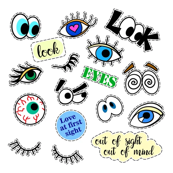 Fashion patch badges. Eyes set. Stickers, pins, patches and handwritten notes collection in cartoon 80s-90s comic style. Trend. Vector illustration isolated. — Stock Vector