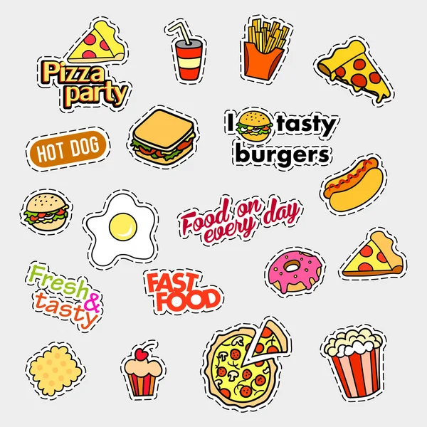 Fashion patch badges. Fast food set. Stickers, pins, patches and handwritten notes collection in cartoon 80s-90s comic style. Trend. Vector illustration isolated. — Stock Vector