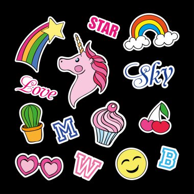 Farklı unsurlar ile Moda yama rozetleri. Karikatür 80s-90s komik tarzı çıkartmalar, iğneler, yamalar ve el yazısı notlar toplama kümesi. Eğilim. Siyah arka plan. Vektör illüstrasyon izole.