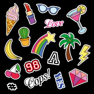 Farklı unsurlar ile Moda yama rozetleri. Karikatür 80s-90s komik tarzı çıkartmalar, iğneler, yamalar ve el yazısı notlar toplama kümesi. Eğilim. Siyah arka plan. Vektör illüstrasyon izole.