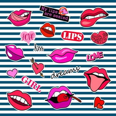 Farklı unsurlar ile Moda yama rozetleri. Dudak. Karikatür 80s-90s komik tarzı çıkartmalar, iğneler, yamalar ve el yazısı notlar toplama kümesi. Eğilim. Vektör illüstrasyon izole.