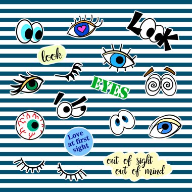 Fashion patch badges with different elements. Eyes. Set of stickers, pins, patches and handwritten notes collection in cartoon 80s-90s comic style. Trend. Vector illustration isolated. clipart