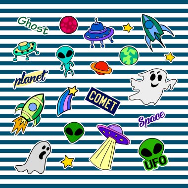 Fashion patch badges with different elements. UFO. Set of stickers, pins, patches and handwritten notes collection in cartoon 80s-90s comic style. Trend. Vector illustration isolated. clipart