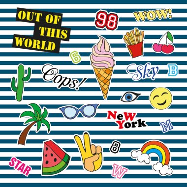 Moda yama rozetleri farklı unsurları ile. Çıkartmalar, iğne, yamalar ve karikatür 80s 90s çizgi roman tarzı koleksiyonunda el yazısıyla aldığınız notları ayarlayın. Eğilim. Vektör illüstrasyon izole.