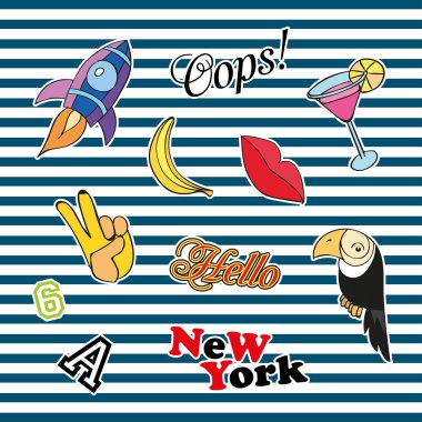 Moda yama rozetleri farklı unsurları ile. Çıkartmalar, iğne, yamalar ve karikatür 80s 90s çizgi roman tarzı koleksiyonunda el yazısıyla aldığınız notları ayarlayın. Eğilim. Vektör illüstrasyon izole.