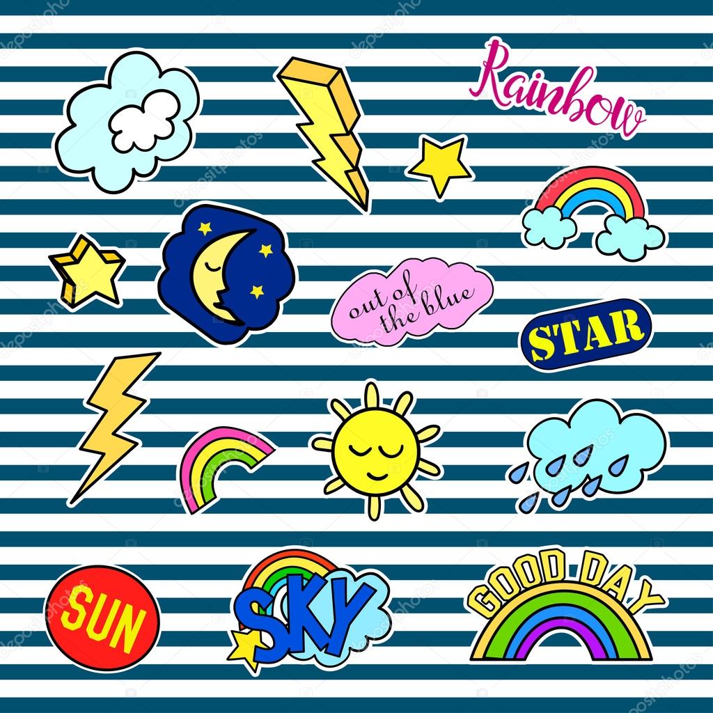 Fashion patch badges with different elements. Sky. Set of stickers, pins, patches and handwritten notes collection in cartoon 80s-90s comic style. Trend. Vector illustration isolated.