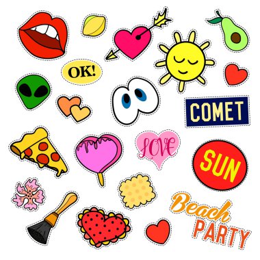 Moda yama rozetleri. Büyük set. Karikatür 80s-90s komik tarzı çıkartmalar, iğneler, nakış, yamalar ve el yazısı notlar koleksiyonu. Eğilim. Vektör illüstrasyon izole.