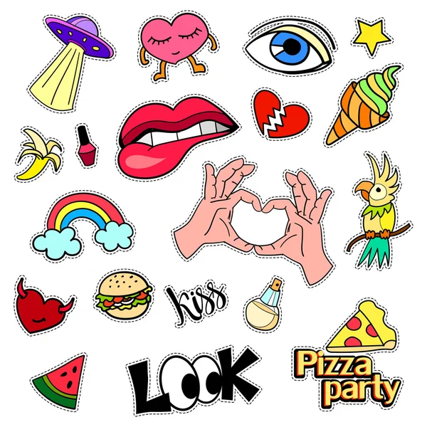 Fashion patch badges. Big set. Stickers, pins, embroidery, patches and handwritten notes collection in cartoon 80s-90s comic style. Trend. Vector illustration isolated. — Stock Vector