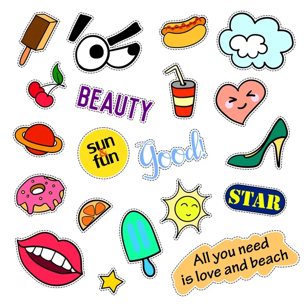 Fashion patch badges. Big set. Stickers, pins, embroidery, patches and handwritten notes collection in cartoon 80s-90s comic style. Trend. Vector illustration isolated. — Stock Vector