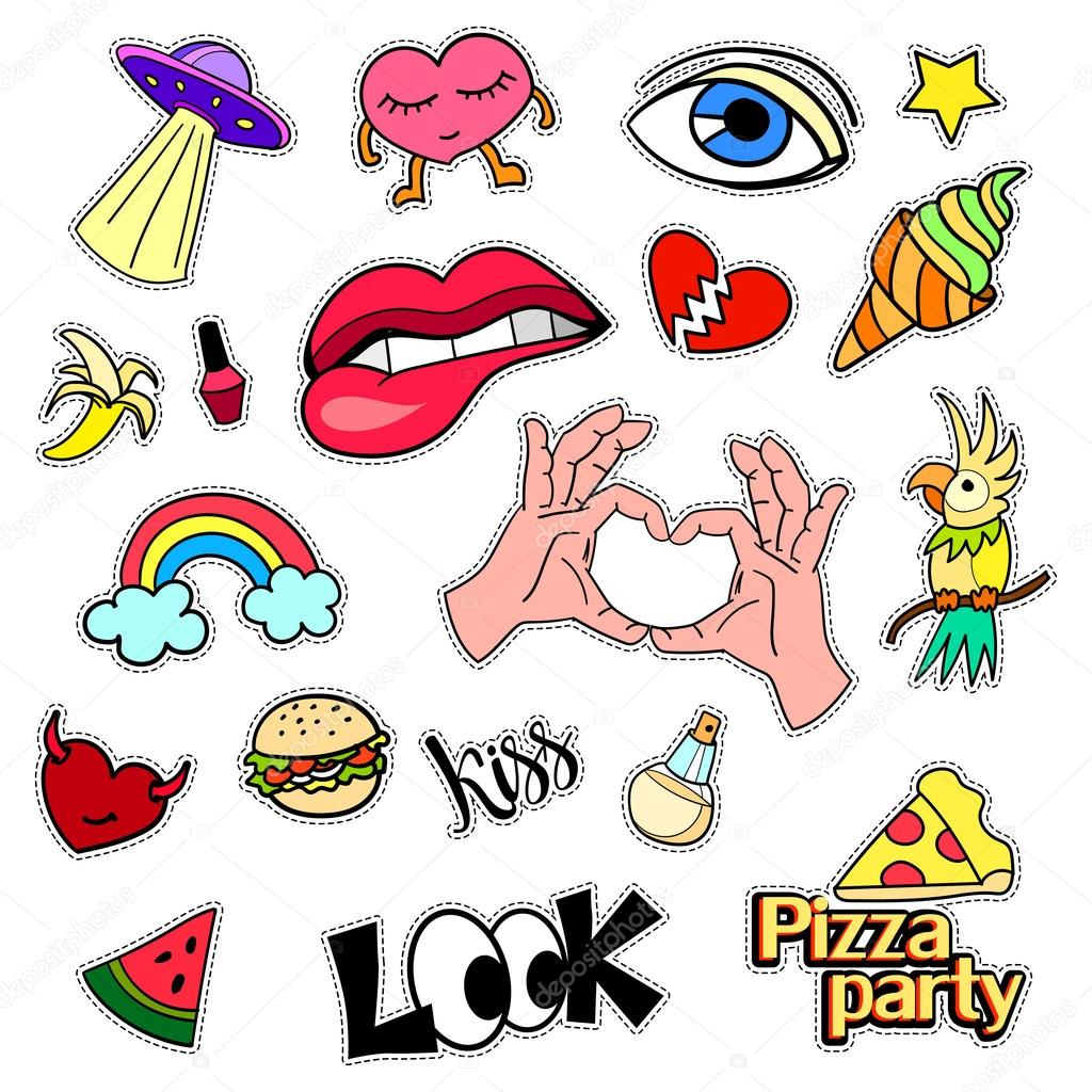 Fashion patch badges. Big set. Stickers, pins, embroidery, patches and handwritten notes collection in cartoon 80s-90s comic style. Trend. Vector illustration isolated.