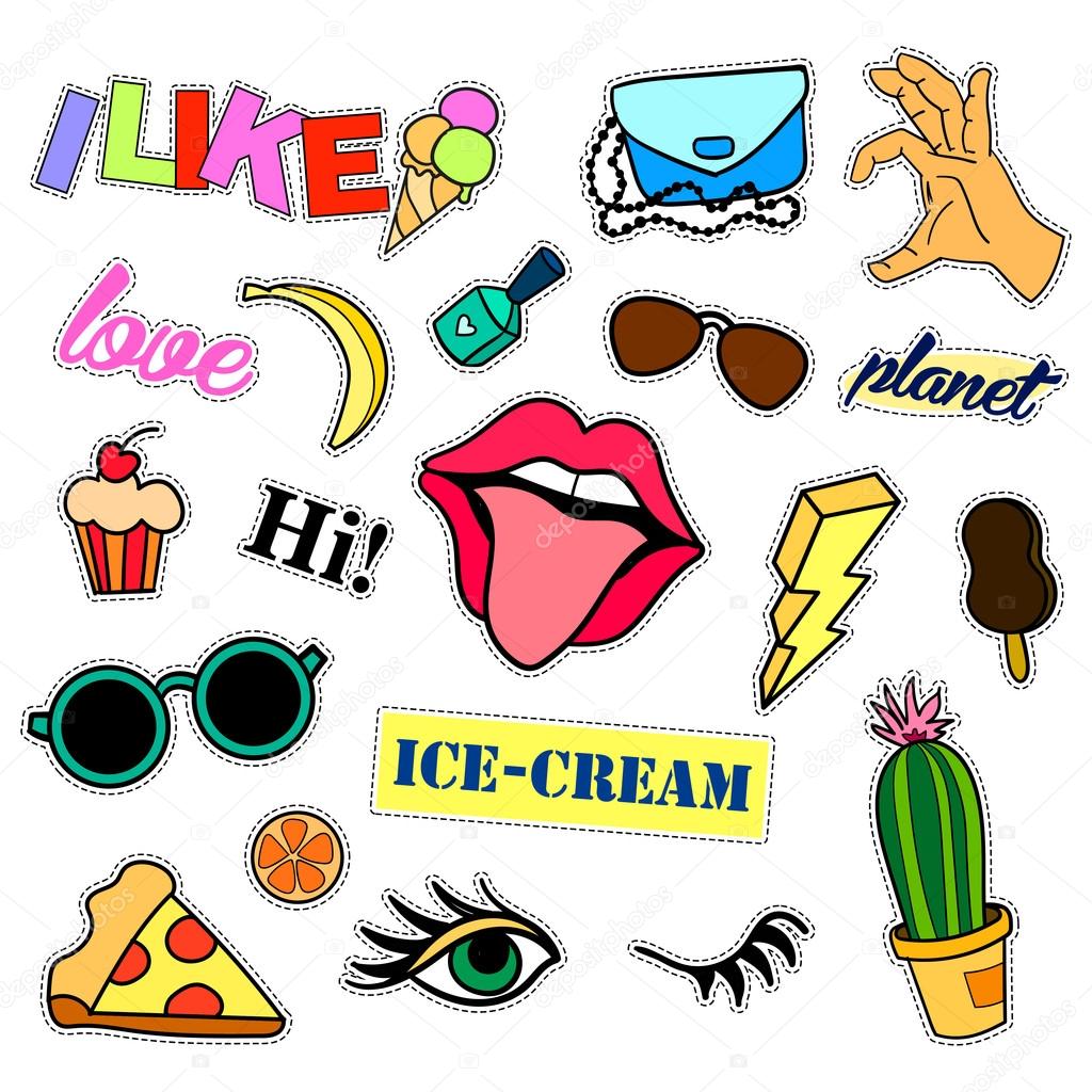 Fashion patch badges. Big set. Stickers, pins, embroidery, patches and handwritten notes collection in cartoon 80s-90s comic style. Trend. Vector illustration isolated.