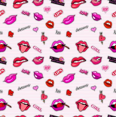 Moda yama rozetleri ile dikişsiz desen. Pop art. Vektör arka plan çıkartmaları, iğneler, çizgi film 80s-90s komik tarzı yamalar. Eğilim. Dudaklar ve kalpler.