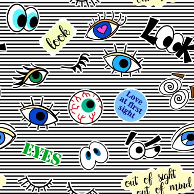 Moda yama rozetleri ile dikişsiz desen. Pop art. Vektör arka plan çıkartmaları, iğneler, çizgi film 80s-90s komik tarzı yamalar. Eğilim. Göz.
