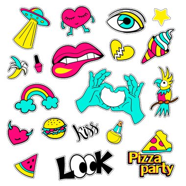 Moda yama rozetleri. Büyük set. Pop art. Karikatür 80s-90s komik tarzı çıkartmalar, iğneler, nakış, yamalar ve el yazısı notlar koleksiyonu. Eğilim. Vektör illüstrasyon izole.